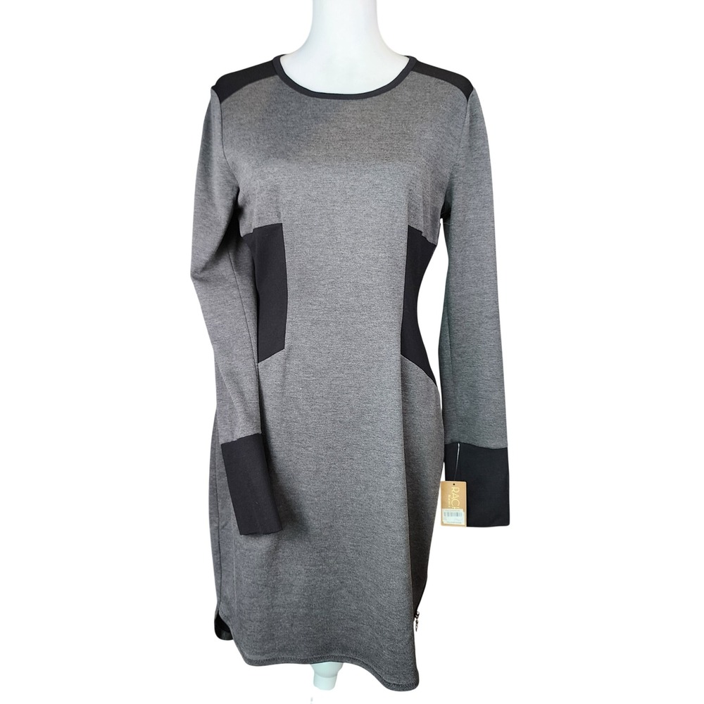 Rachel Roy Sheath Dress Womens Large Gray Black Colorblock Stretch Side Zip Work